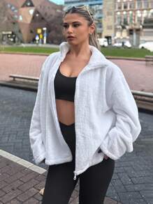 RueChic Women's Solid Color Long Sleeve Zip-Up Sherpa Collar Casual Regular Jacket, Autumn/Winter - White - View 4