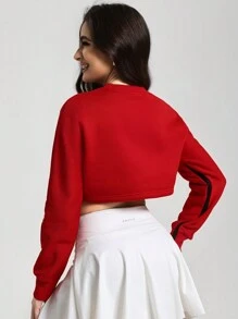 Menodora SHEIN Sport Women Heart Letter Print Round Neck Split Hem Long Sleeve Sports Sweatshirt For Valentine - Red and White - View 2