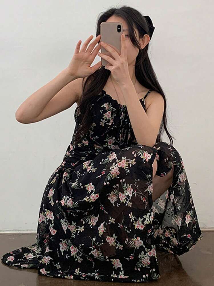 Women's Ditsy Floral Sleeveless Cinched Waist Mid-Length Dress Cruise Women Outfits Sundress Boho
