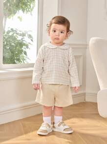 SHEIN Set de 2 piezas con camisa a cuadros informal y cute y pantalones cortos con cintura elástica para niño/niña, adecuado para fiestas de cumpleaños, eventos formales, baby shower, otoño/primavera - Multicolor - Ver 5