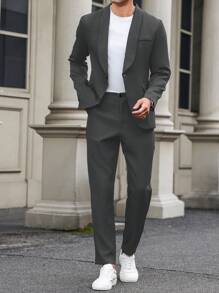 Manfinity Mode 1 Set Men's Solid Color Suit: Blazer And Trousers - Dark Grey - View 5