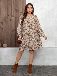 SHEIN LUNE Plus Size Women Vacation Floral Print Round Neck Lantern Sleeve Casual Dress Valentine's Day Dresses Party Dresses Everyday Dresses Resort Wear Women,Club Dress Sundress