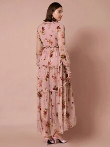 Enchnt Women's Romantic Floral Print Front Tie Ruffle Decoration Lantern Long Sleeve Dress,For Romantic Dinner Dates,Holiday Dresses,Vacation Dresses,Valentine's Day - Pink - View 8