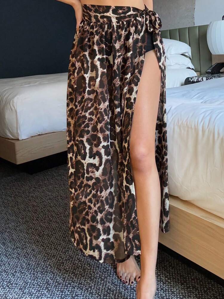 Women's Holiday Leopard Print Side Tie Knot Hem Split Hem Cover-Up Skirt, For Summer Beach Vacation Cheetah Print