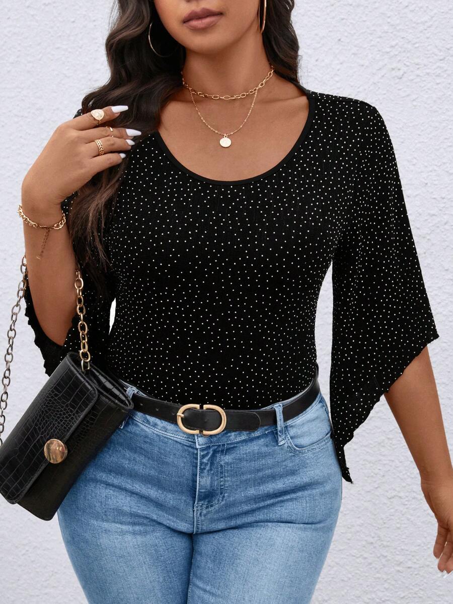 SHEIN LUNE Plus Size Women's Summer Elegant Casual Rhinestone Textured Ruffle Sleeve Bodysuit - Black - View 1