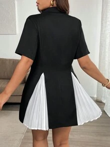 Flirla Blazer largo de doble botonadura con pliegues y color en bloques, tallas grandes, para primavera/otoño