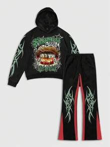 ROMWE MEN Conjunto de sudadera con capucha de estampado de labios holgada y pantalones acampanados de bloques de color contrastantes para hombre