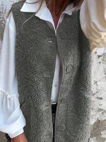 INAWLY Women Regular Fuzzy Button Vest Jacket, Autumn/Winter - Dark Grey - View 3