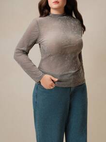 BizChic Plus Size Women Floral Flocked Mesh Stand Collar Long Sleeve Fitted Fashionable Top, Autumn - Apricot - View 6