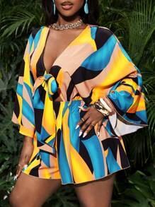 Slaydiva Mono suelto con estampado, cuello en V y detalle de lazo para mujer