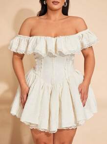 SHEIN BAE Plus Size Women Apricot Off Shoulder Romantic French Dress, Suitable For Dates, Valentine's Day, Parties - Apricot - View 2