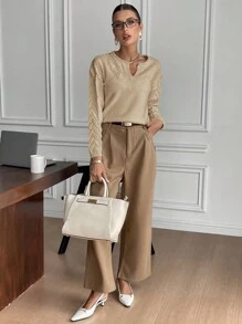 SHEIN Frenchy 女士简约优雅休闲长袖毛衣，日常穿着 - 卡其色 - 查看 4