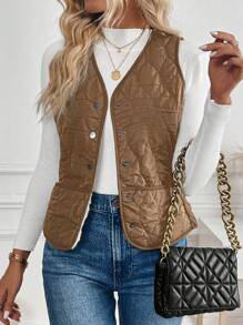 SHEIN LUNE Chaleco acolchado de algodón liso con botones frontales, sin mangas, de estilo casual y sencillo para mujeres