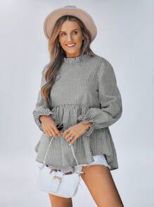 SHEIN LUNE Women's Striped Round Neck Ruffle Sleeve Casual Blouse,Going Out Tops Women,Long Sleeve Shirt,Office Wear,Country - Black and White - View 5