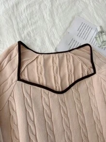 SHEIN Privé Plus Size Women Elegant And Casual Contrast Color Turtleneck Ribbed Texture Knit Long Sleeve Sweater, Autumn/Winter - Apricot - View 10