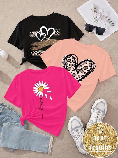 SHEIN 3pcs/Set Young Girls Casual Comfortable Stylish Heart & Flower Pattern Short Sleeve T-Shirt