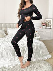 Cherry Blossom Print Thermal Lined Slim Fit Long Sleeve Top & Long Pants Women's Base Layer Set