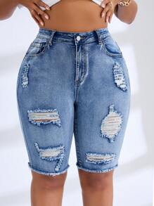 SHEIN SXY Plus Size Women Side Pockets Distressed Denim Knee Length Capri Shorts