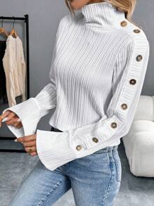 SHEIN LUNE White Wave Striped Stand Collar Women Casual Shirt Fall Cloth For Women - White - View 6