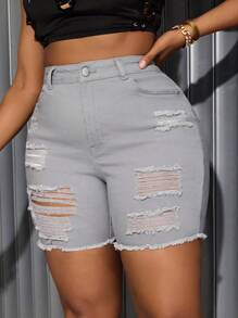 SHEIN SXY Plus Size Ripped Denim Shorts, Minimalist & Fashionable Casual Daily Wear - Grey - View 6