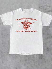 INAWLY Mi ansiedad es crónica, pero este trasero es icónico Camiseta unisex • Camiseta divertida de salud mental • Camiseta con emoticono de mapache • Regalo divertido para ella y él