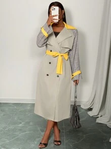 Slaydiva Autumn And Winter New Elegant Daily Commuting Date Work Lapel Contrasting Yellow Collar Belt Double-Breasted Plaid Splicing Army Green Mid-Length Coat Women's Trench Coat-F - Khaki - View 3