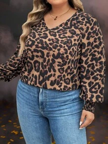 SHEIN LUNE 大码豹纹灯笼袖休闲衬衫，适合秋季新年派对衬衫，优雅的办公服装，大码女士优雅通勤简约时尚百搭畅销衬衫，春夏百搭流行设计时尚日常穿着优雅衬衫女式衬衫 - 棕色 - 查看 11