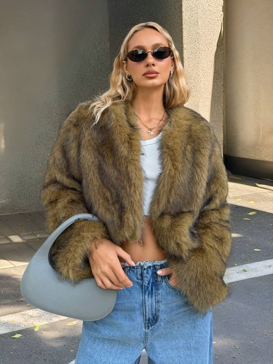SHEIN EZwear 女士纯色长袖短款蓬蓬领休闲夹克冬季 - 棕色 - 查看 1