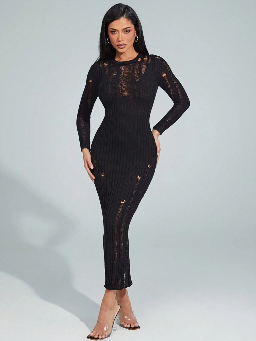 Denimoi Distressed Maxi Sweater Dress Solid Color Simple Fashionable - Black - View 1