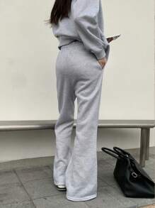 INAWLY 2 件套女士纯色不对称领长袖上衣和宽松长裤休闲套装，秋冬 - 灰色 - 查看 4