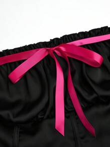 SHEIN Unity 大码女式疯狂情人节黑色和红色网眼拼布性感复古蝴蝶结设计紧身胸衣腰飘逸短裙，优雅迷人，适合春夏季 - 彩色 - 查看 5