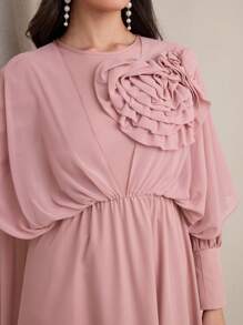 Modelyn 3D Floral Patchwork Long Sleeve Arabic Style Women Dress - Pink - View 3