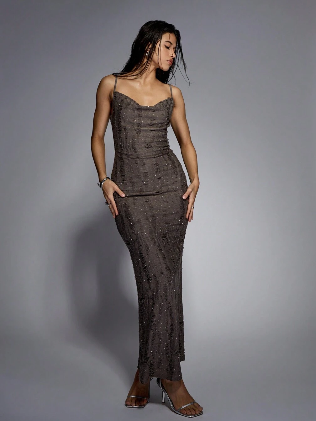missguided grey lace dress Distressed Cowl Neck Spaghetti Strap Maxi Dress｜MISSGUIDED Maxi dress