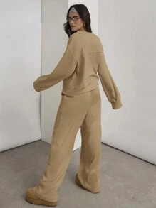 COSMINA Bộ 2 áo đơn giản thêu số tay dài cài nút phía trước cho nữ và quần dài - Lạc đà - Xem 2