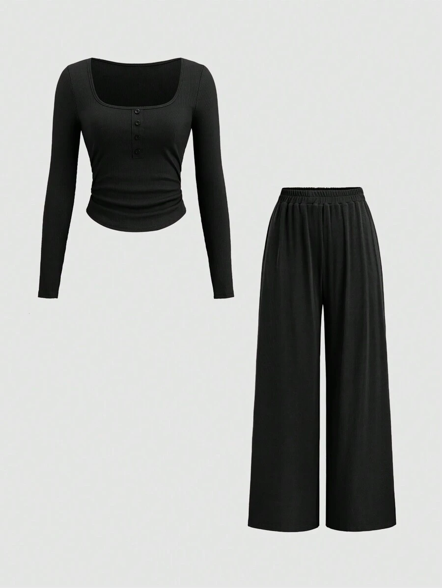 Sweetra 女士秋冬百搭两件套 - 修身罗纹圆领纽扣上衣和松紧腰直筒裤，休闲家居/休闲装 - 黑色 - 查看 1