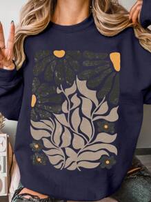Attitoon Casual Minimalist Leaf Graphic Print Round Neck Loose Women Sweatshirt, Autumn/Winter - Navy Blue - View 5