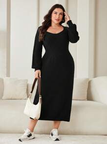 Mulvari Robe pull à manches lanterne de couleur unie, grande taille, style casual pour l'automne/l'hiver - Noir - Voir 6