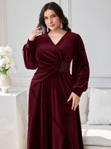 Modelyn Plus Size Elegant Crystal Decor Wrap Waist Dress For Christmas Long Evening Dresses