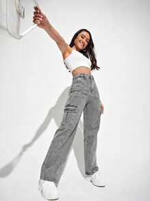 SHEIN EZwear 休闲牛仔裤，简约时尚，适合日常穿着 - 淺灰色 - 查看 3