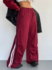 SHEIN EZwear Pantalón de chándal de pierna ancha, de talle medio, con cremallera, textura de decoración y pierna ancha, para mujer, de otoño/invierno - Burdeos - Ver 5