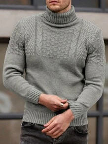 EURMUSE Men Cable Knit Detailed Turtle Neck Casual Sweater For Autumn & Winter - Grey - View 5
