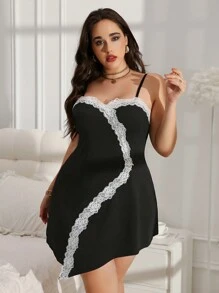 Plus Size Contrast Color Lace Trim Slip Dress