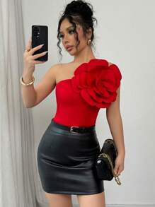 Selianne New Red Solid 3D Floral Oblique Collar One Shoulder Strap Fitted Elegant Backless Knit Top For Women, Spring/Autumn For New Year Clothes - Red - View 7