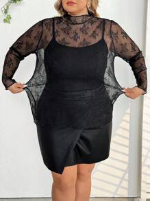 SHEIN CURVE+ Plus Size Floral Lace Sheer Top Without Bra,Valentine's Day,Valentines,Rose,Heart,Polka Dot,Love,Lip,Cupid,3D Flower