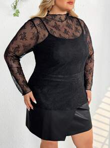 SHEIN CURVE+ Plus Size Floral Lace Sheer Top Without Bra,Valentine's Day,Valentines,Rose,Heart,Polka Dot,Love,Lip,Cupid,3D Flower