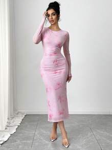 Firerie Lễ hội mới ngày lễ tình nhân phụ nữ dài tay nhuộm hoa in maxi thanh lịch ôm vừa vặn - Hồng - Xem 4