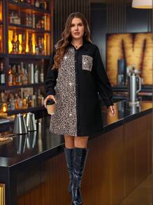 SHEIN LUNE Vestido casual de manga larga con botones delanteros y estampado de leopardo para mujer, tallas grandes