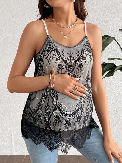 SHEIN 孕妇简约蕾丝细肩带吊带背心，休闲日常穿着