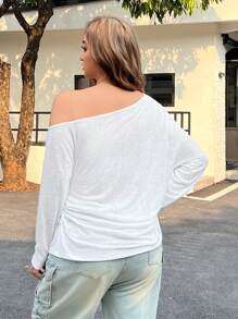 SHEIN EZwear 大码女装，西服女装，休闲斜肩半透明长袖T恤，白色 - 白色 - 查看 2