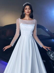 Glamrae 优雅奢华透视长袖仿珍珠装饰缎面褶饰荷叶边连衣裙，带拖尾，适合婚礼、单身派对、节日、舞会、新娘 - 米色 - 查看 2